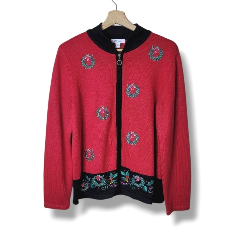 The Tog Shop Red Holiday Cardigan Sweater Embroidered Wreaths Full Zip Size L